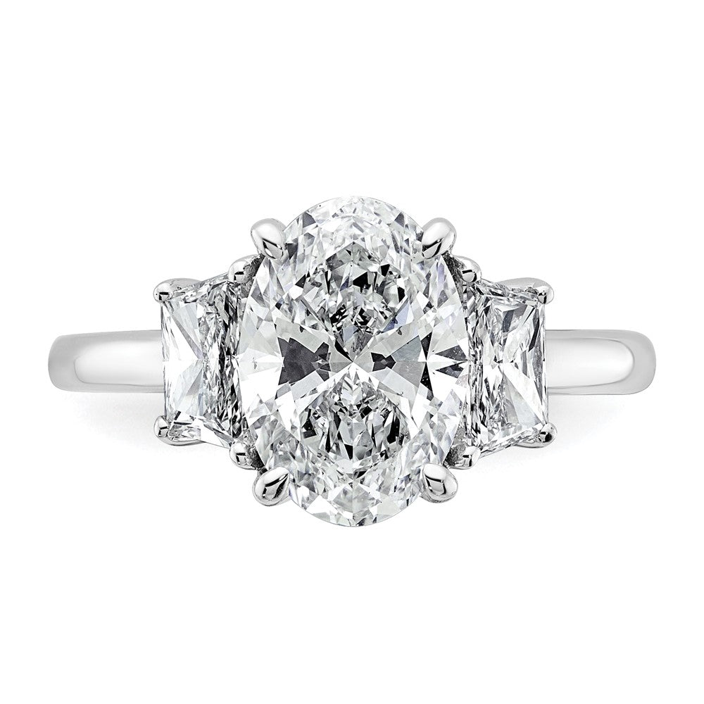 14K White Gold 3/4 carat Lab Grown Diamond VS+ F+ Trapezoid 2 1/2 carat Oval Semi Mount Three Stone Engagement Ring