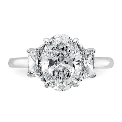14K White Gold 3/4 carat Lab Grown Diamond VS+ F+ Trapezoid 2 1/2 carat Oval Semi Mount Three Stone Engagement Ring