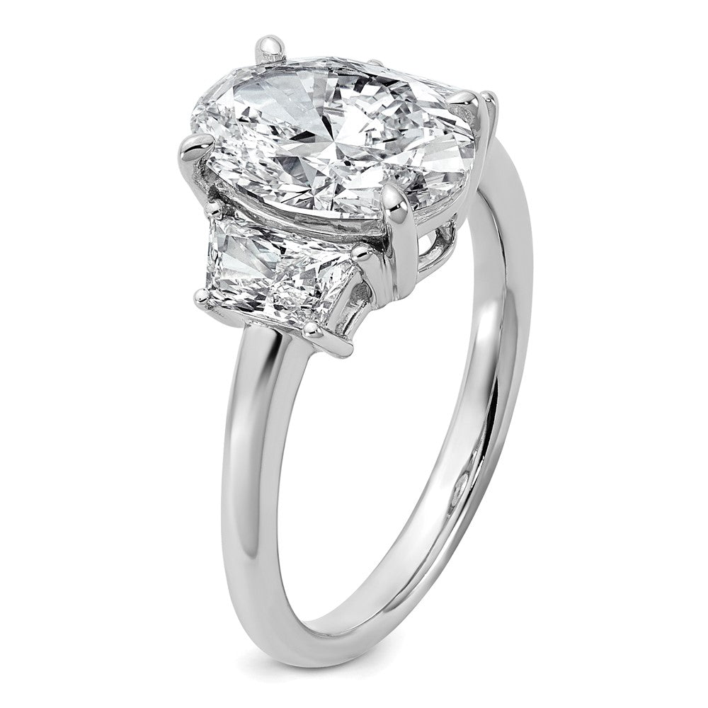 14K White Gold 3/4 carat Lab Grown Diamond VS+ F+ Trapezoid 2 1/2 carat Oval Semi Mount Three Stone Engagement Ring