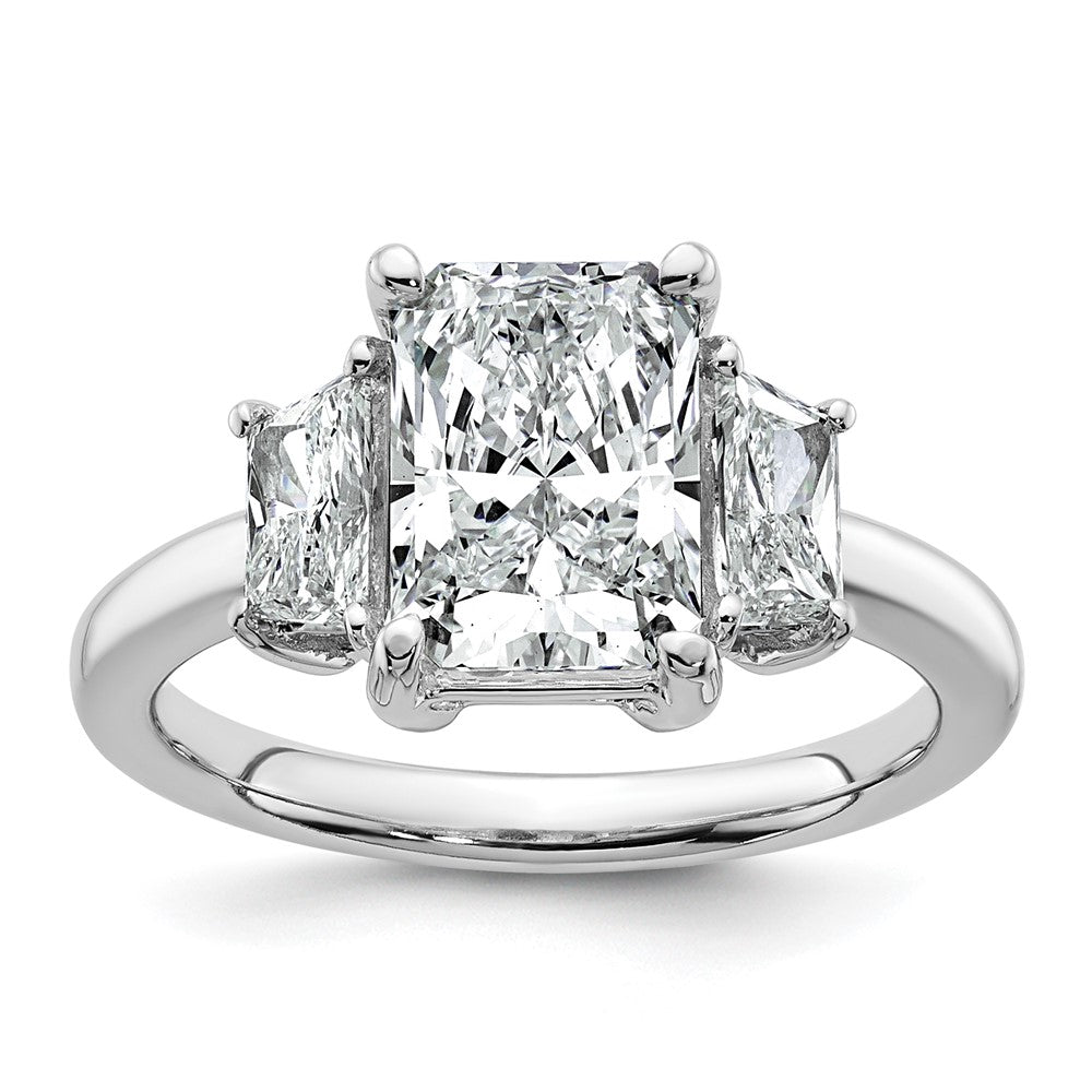 14K White Gold 3/4 carat Lab Grown Diamond VS+ F+ Trapezoid 2 1/2 carat Radiant Center Semi Mount Three Stone Engagement Ring