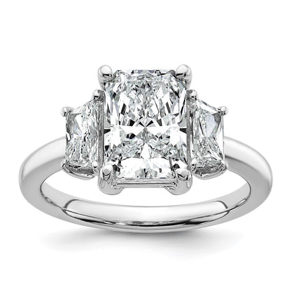 14K White Gold 3/4 carat Lab Grown Diamond VS+ F+ Trapezoid 2 1/2 carat Radiant Center Semi Mount Three Stone Engagement Ring