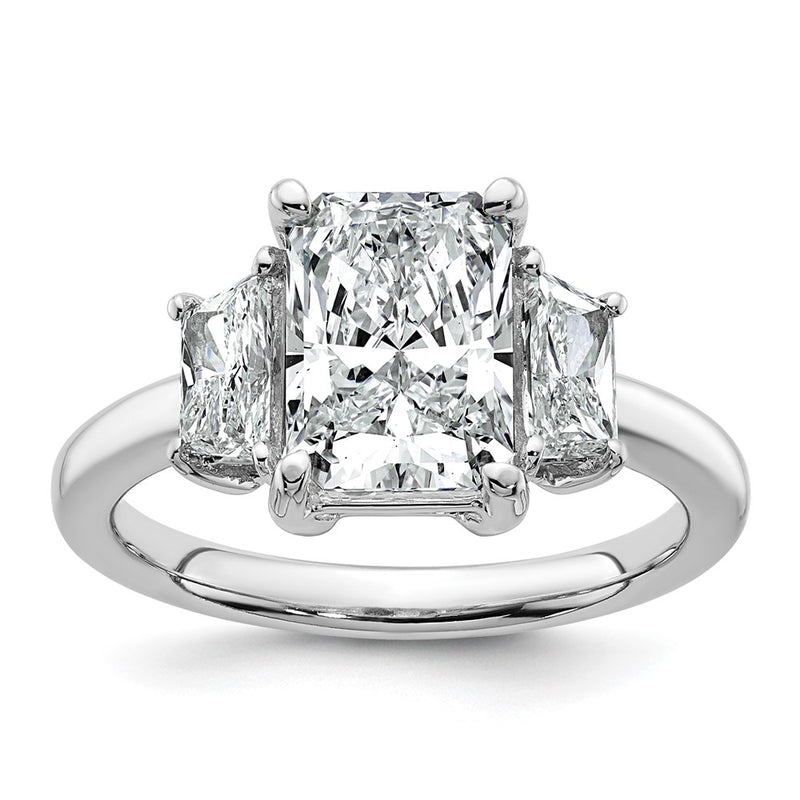 14K White Gold 3/4 carat Lab Grown Diamond VS+ F+ Trapezoid 2 1/2 carat Radiant Center Semi Mount Three Stone Engagement Ring