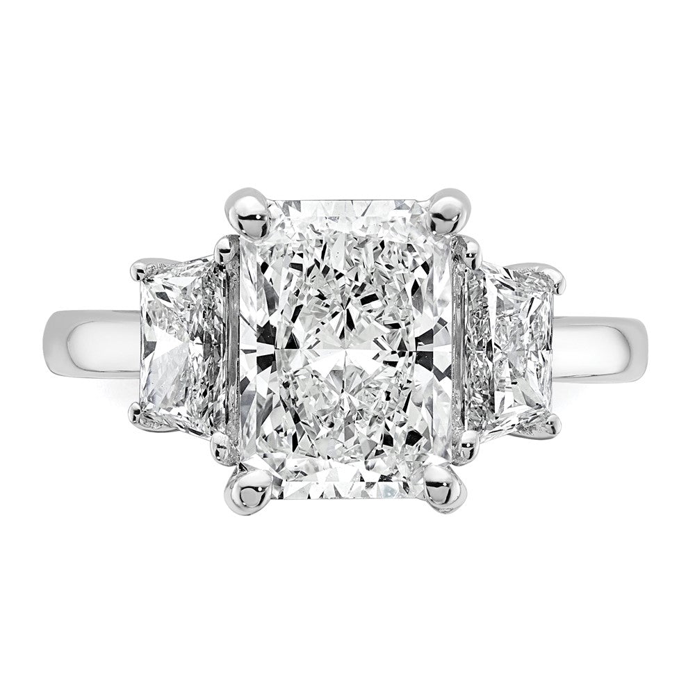 14K White Gold 1 carat Lab Grown Diamond VS+ F+ Trapezoid 3 carat Radiant Center Semi Mount Three Stone Engagement Ring