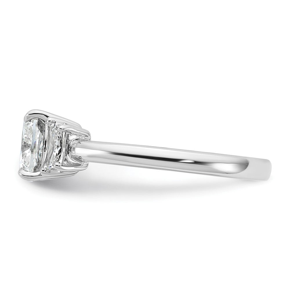 14K White Gold  3/8 carat Lab Grown Diamond VS+ F+ Half Moon 1 1/2 carat Cushion Center Semi Mount Three Stone Engagement Ring