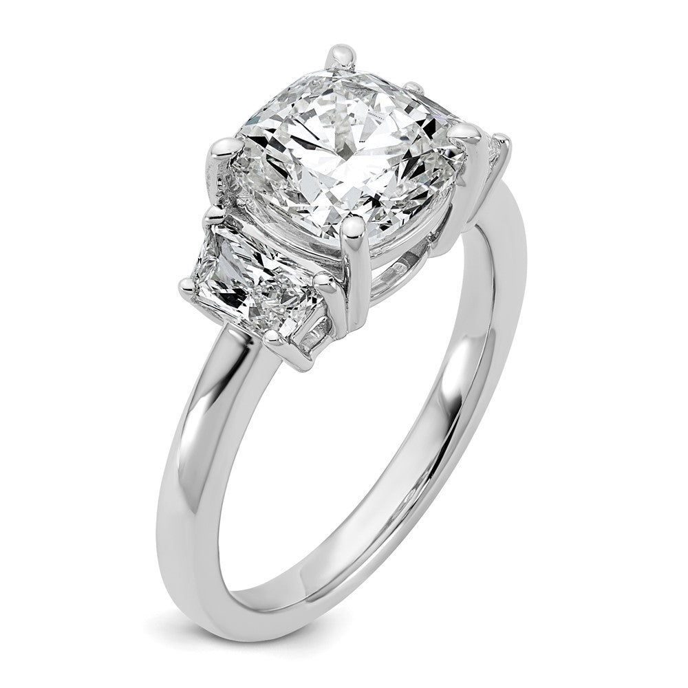 14K White Gold  3/4 carat Lab Grown Diamond VS+ F+ Half Moon 2 1/2 carat Cushion Center Semi Mount Three Stone Engagement Ring