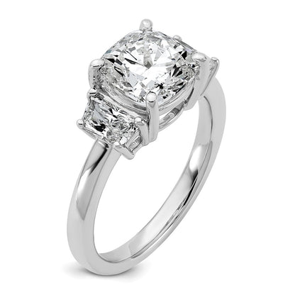 14K White Gold  3/4 carat Lab Grown Diamond VS+ F+ Half Moon 2 1/2 carat Cushion Center Semi Mount Three Stone Engagement Ring