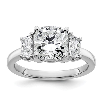 14K White Gold 3 1/8 carat Lab Grown Diamond VS+ F+ Cushion and Half Moon Complete Three Stone Engagement Ring