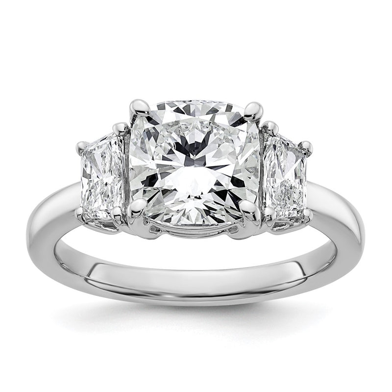 14K White Gold 3 1/8 carat Lab Grown Diamond VS+ F+ Cushion and Half Moon Complete Three Stone Engagement Ring