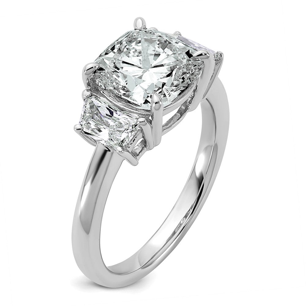 14K White Gold  3/4 carat Lab Grown Diamond VS+ F+ Half Moon 3 carat Cushion Center Semi Mount Three Stone Engagement Ring