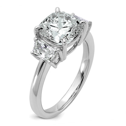 14K White Gold  3/4 carat Lab Grown Diamond VS+ F+ Half Moon 3 carat Cushion Center Semi Mount Three Stone Engagement Ring