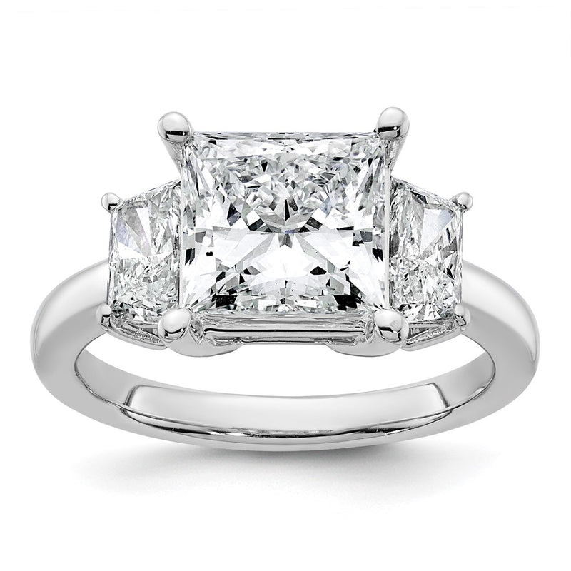 14K White Gold 4 carat Lab Grown Diamond VS+ F+ Princess and Trapezoid Complete Three Stone Engagement Ring