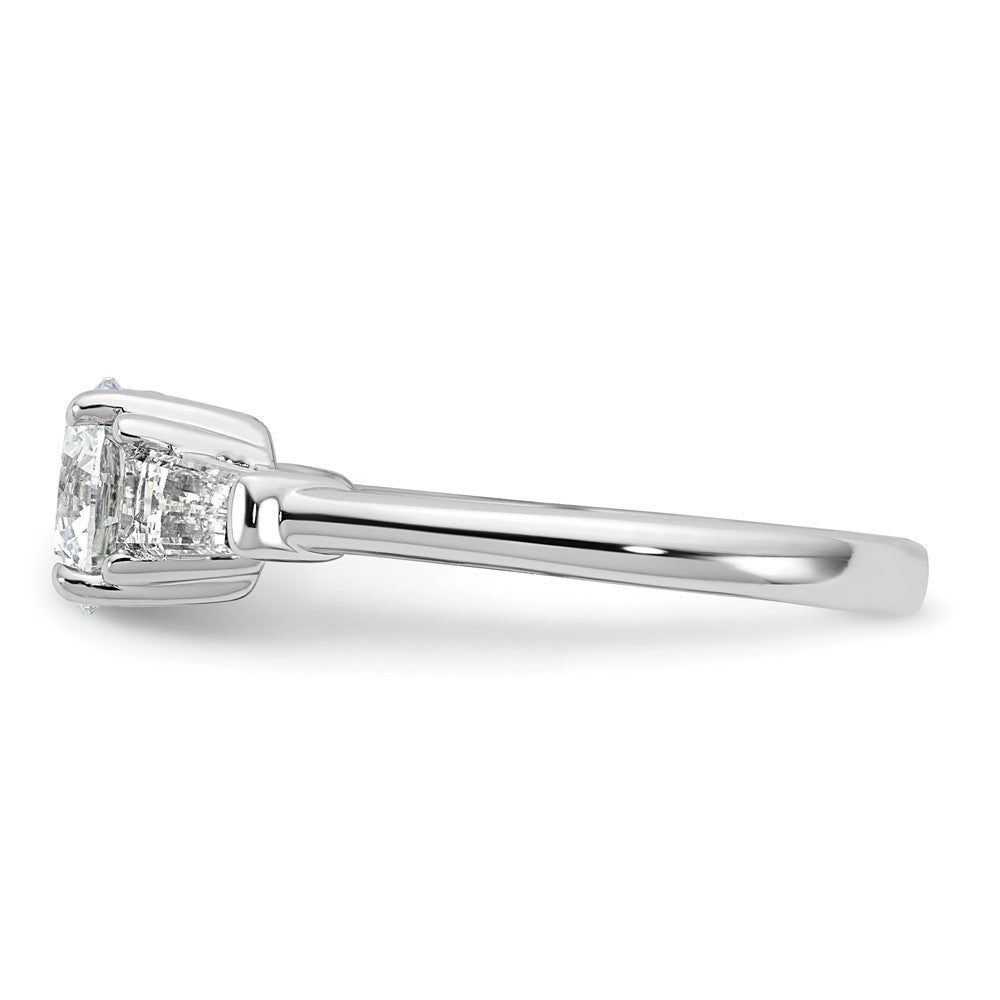 14K White Gold 1 1/2 carat Lab Grown Diamond VS+ F+ Round and Tapered Baguette Complete Three Stone Engagement Ring