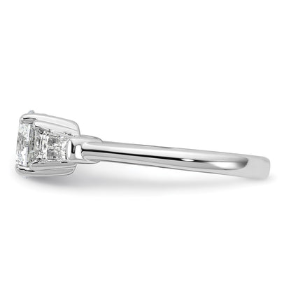 14K White Gold 1 1/2 carat Lab Grown Diamond VS+ F+ Round and Tapered Baguette Complete Three Stone Engagement Ring