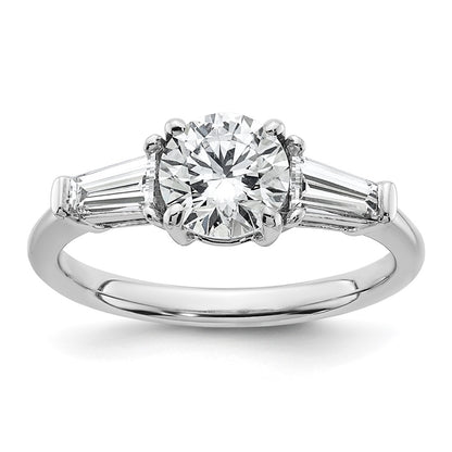 14K White Gold 1 1/2 carat Lab Grown Diamond VS+ F+ Round and Tapered Baguette Complete Three Stone Engagement Ring