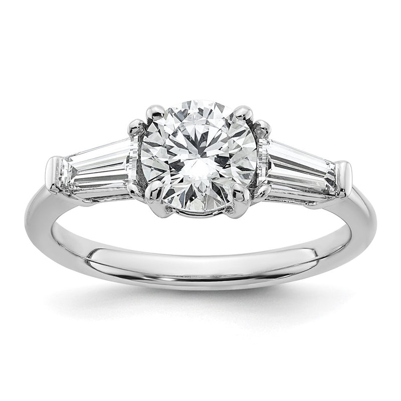 14K White Gold 1 1/2 carat Lab Grown Diamond VS+ F+ Round and Tapered Baguette Complete Three Stone Engagement Ring