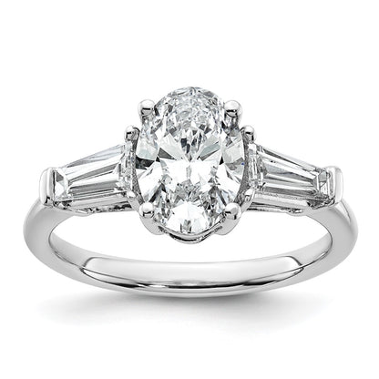 14K White Gold 3/4 carat Lab Grown Diamond VS+ F+ Tapered Baguette 1 1/2 carat Oval Semi Mount Three Stone Engagement Ring