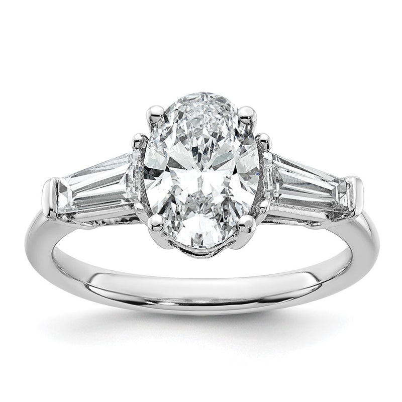 14K White Gold 3/4 carat Lab Grown Diamond VS+ F+ Tapered Baguette 1 1/2 carat Oval Semi Mount Three Stone Engagement Ring