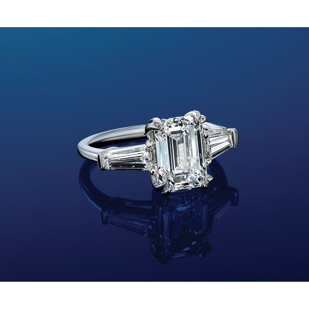 14K White Gold 3 3/4 carat Lab Grown Diamond VS+ F+ Complete Emerald and Tapered Baguette Engagement Ring