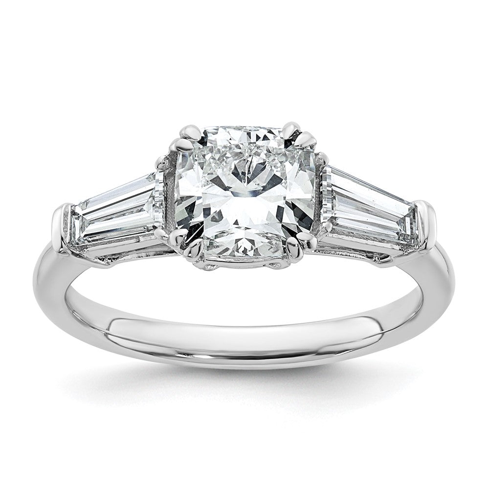 14K White Gold 5/8 carat Lab Grown Diamond VS+ F+ Tapered Baguette 1 1/2 carat Cushion Center Semi Mount Three Stone Engagement Ring