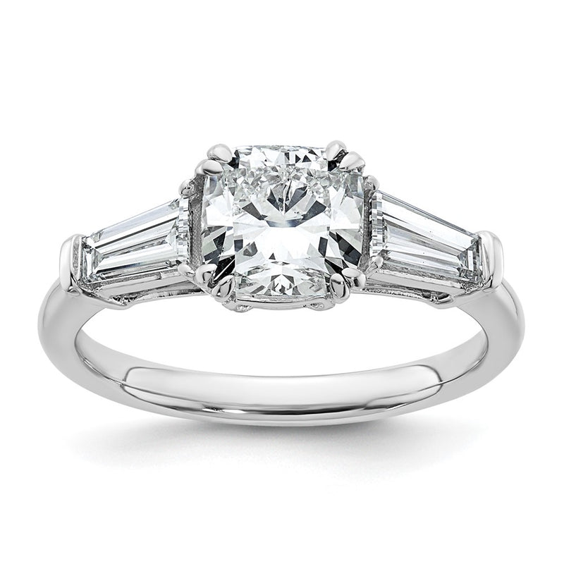14K White Gold 5/8 carat Lab Grown Diamond VS+ F+ Tapered Baguette 1 1/2 carat Cushion Center Semi Mount Three Stone Engagement Ring