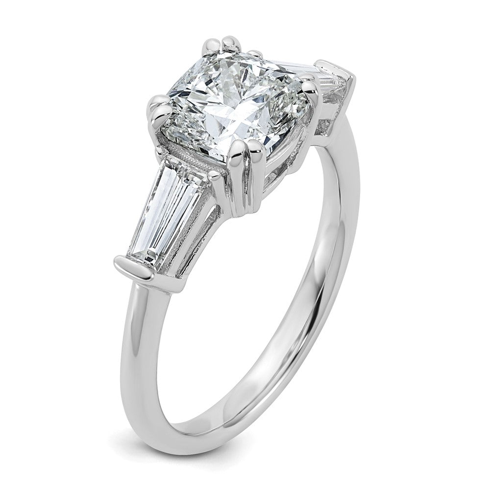 14K White Gold 5/8 carat Lab Grown Diamond VS+ F+ Tapered Baguette 2 carat Cushion Center Semi Mount Three Stone Engagement Ring