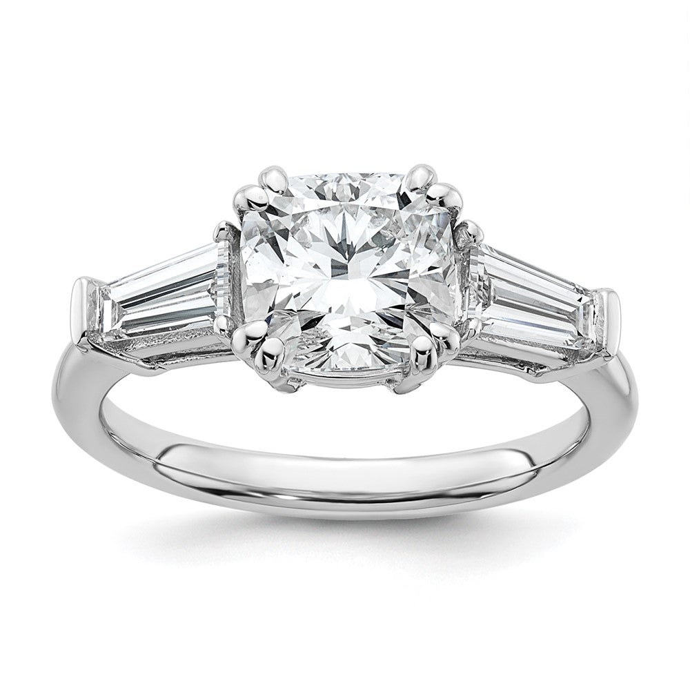 14K White Gold 2 5/8 carat Lab Grown Diamond VS+ F+ Cushion and Tapered Baguette Complete Three Stone Engagement Ring
