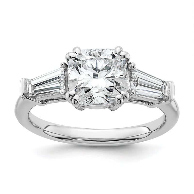 14K White Gold 2 5/8 carat Lab Grown Diamond VS+ F+ Cushion and Tapered Baguette Complete Three Stone Engagement Ring
