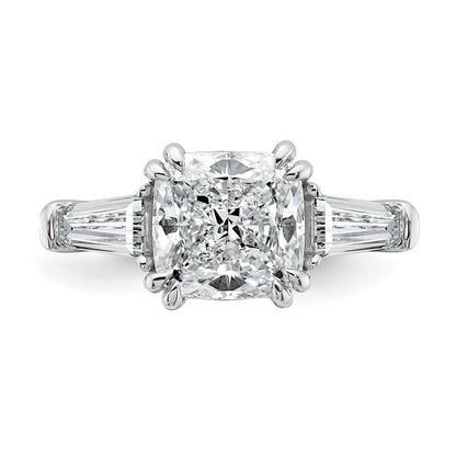 14K White Gold 3/4 carat Lab Grown Diamond VS+ F+ Tapered Baguette 2 1/2 carat Cushion Center Semi Mount Three Stone Engagement Ring