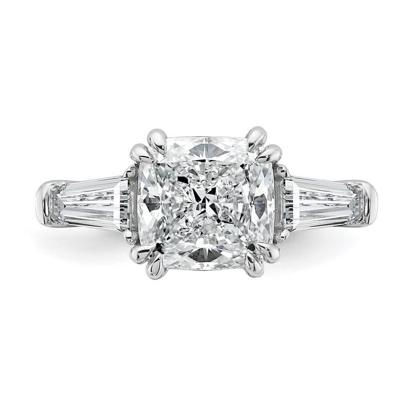 14K White Gold 3/4 carat Lab Grown Diamond VS+ F+ Tapered Baguette 2 1/2 carat Cushion Center Semi Mount Three Stone Engagement Ring