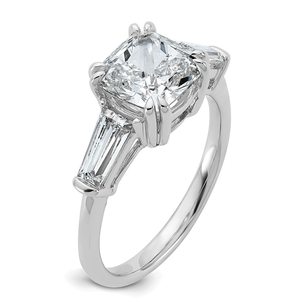14K White Gold 3/4 carat Lab Grown Diamond VS+ F+ Tapered Baguette 2 1/2 carat Cushion Center Semi Mount Three Stone Engagement Ring