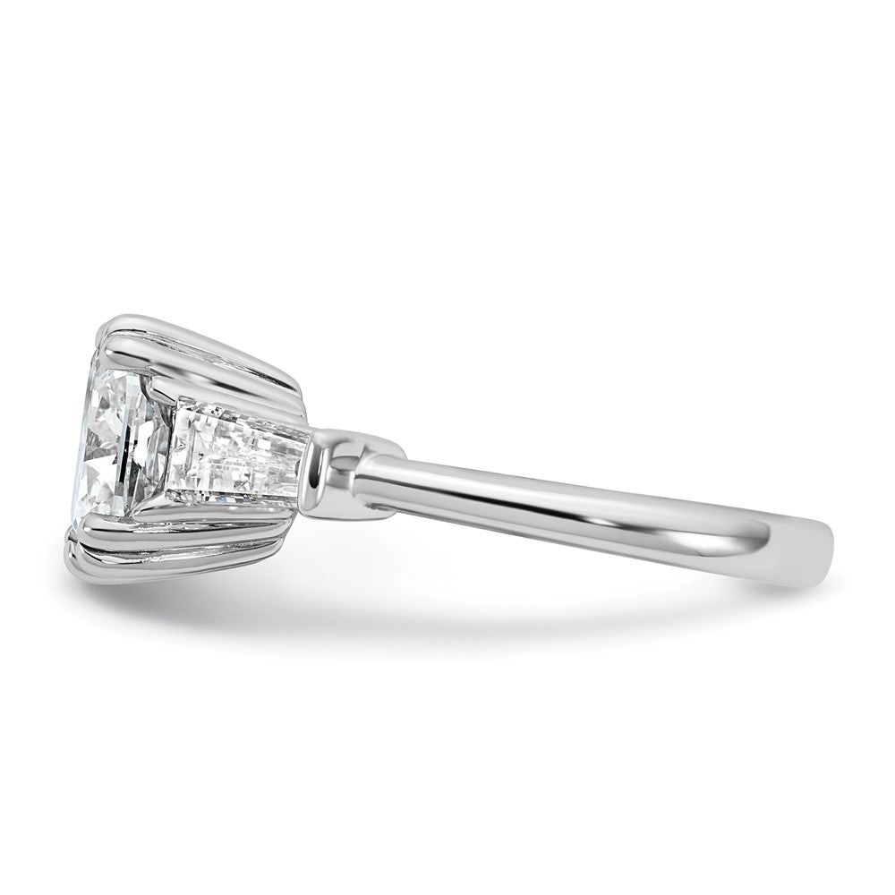 14K White Gold 3/4 carat Lab Grown Diamond VS+ F+ Tapered Baguette 3 carat Cushion Center Semi Mount Three Stone Engagement Ring