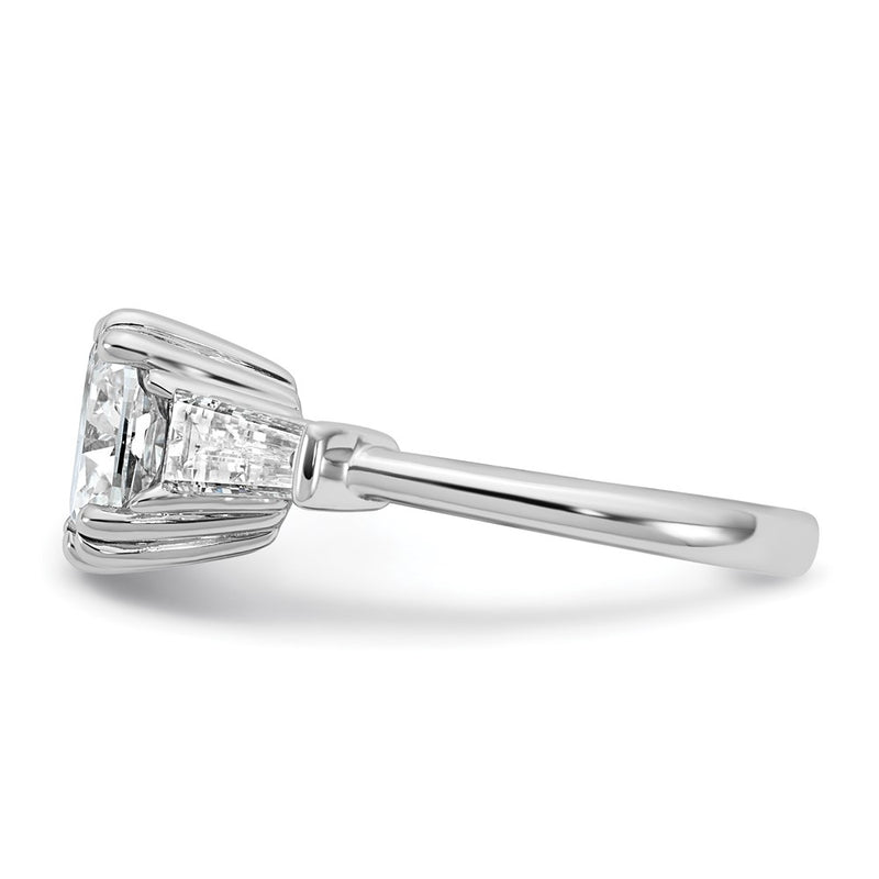 14K White Gold 3/4 carat Lab Grown Diamond VS+ F+ Tapered Baguette 3 carat Cushion Center Semi Mount Three Stone Engagement Ring