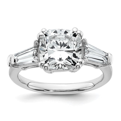 14K White Gold 3/4 carat Lab Grown Diamond VS+ F+ Tapered Baguette 3 carat Cushion Center Semi Mount Three Stone Engagement Ring