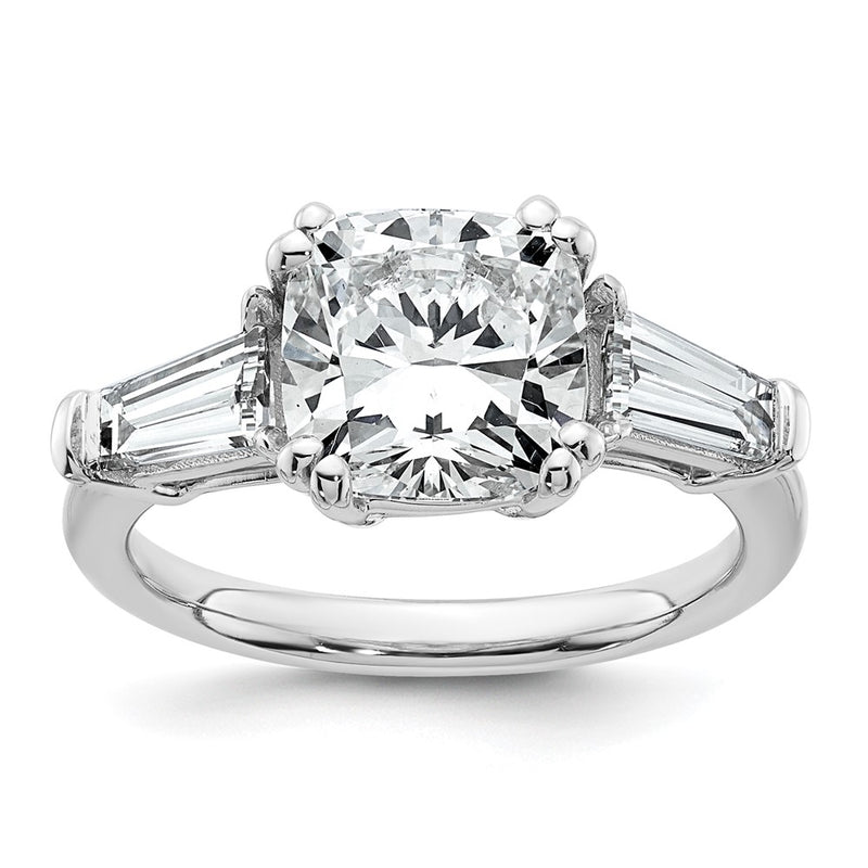 14K White Gold 3/4 carat Lab Grown Diamond VS+ F+ Tapered Baguette 3 carat Cushion Center Semi Mount Three Stone Engagement Ring