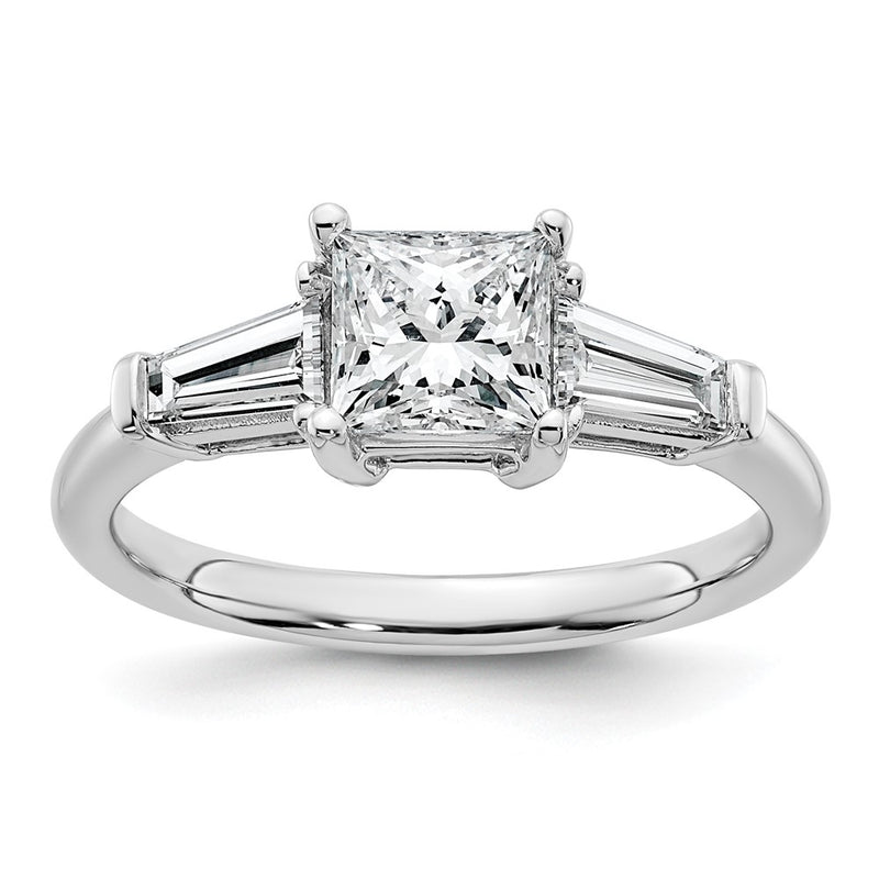 14K White Gold 1 1/2 carat Lab Grown Diamond VS+ F+ Princess and Tapered Baguette Complete Three Stone Engagement Ring