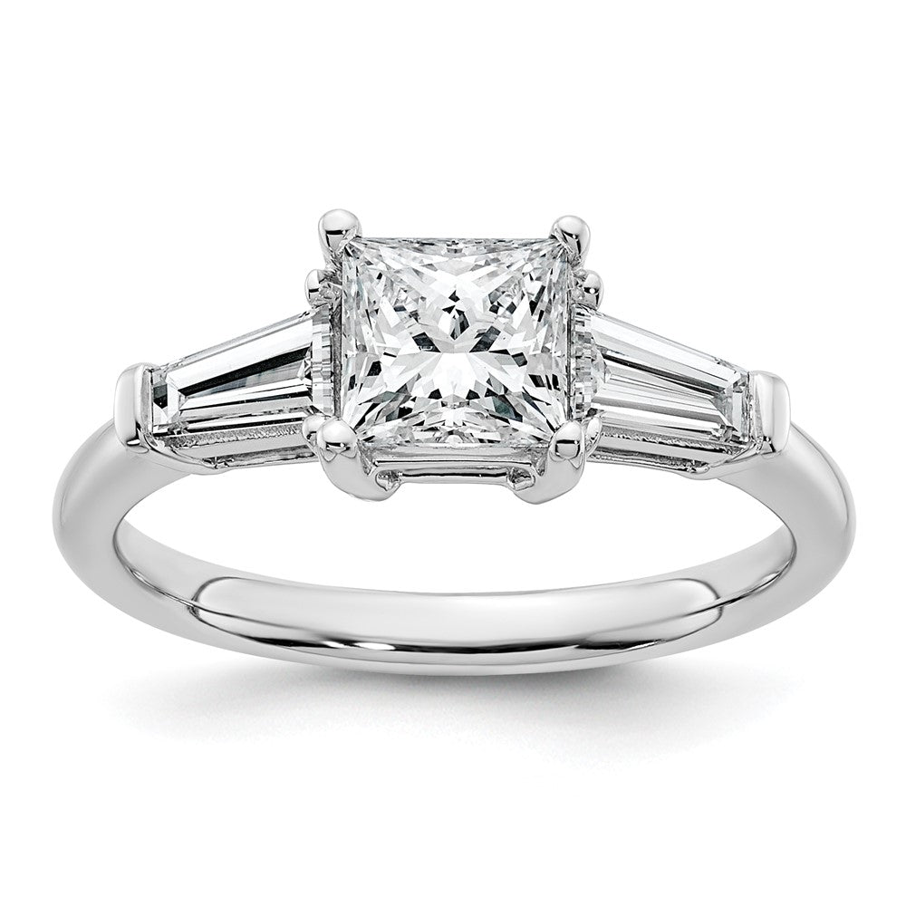 14K White Gold 1/2 carat Lab Grown Diamond VS+ F+ Tapered Baguette 1 carat Princess Center Semi Mount Three Stone Engagement Ring