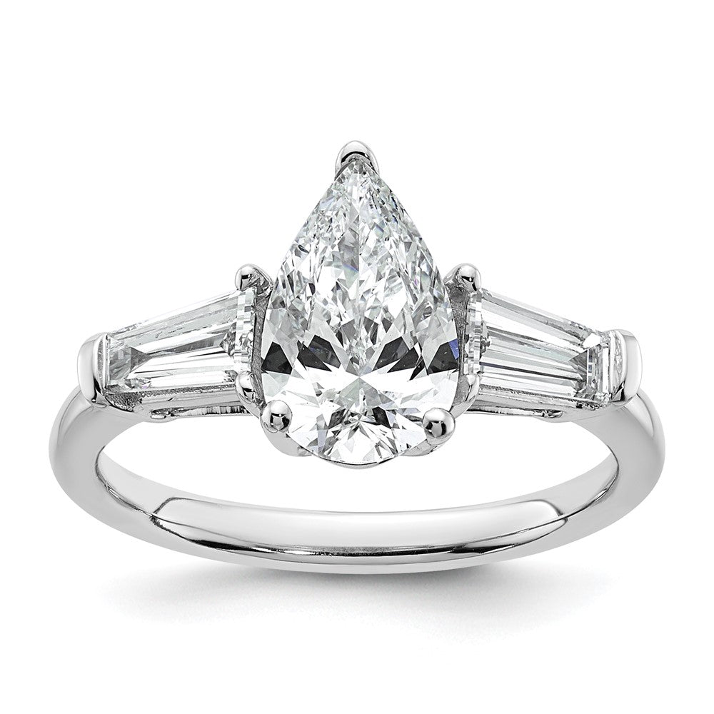 14K White Gold 2 carat Certified Lab Grown Diamond VS+ F+ Pear and Tapered Baguette Complete Engagement Ring