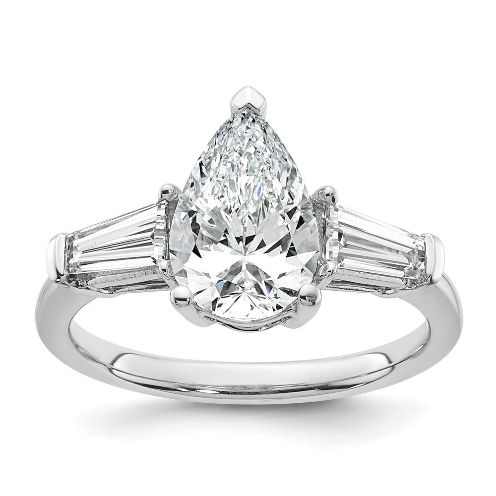 14K White Gold 2 5/8 carat Certified Lab Grown Diamond VS+ F+ Pear and Tapered Baguette Complete Engagement Ring