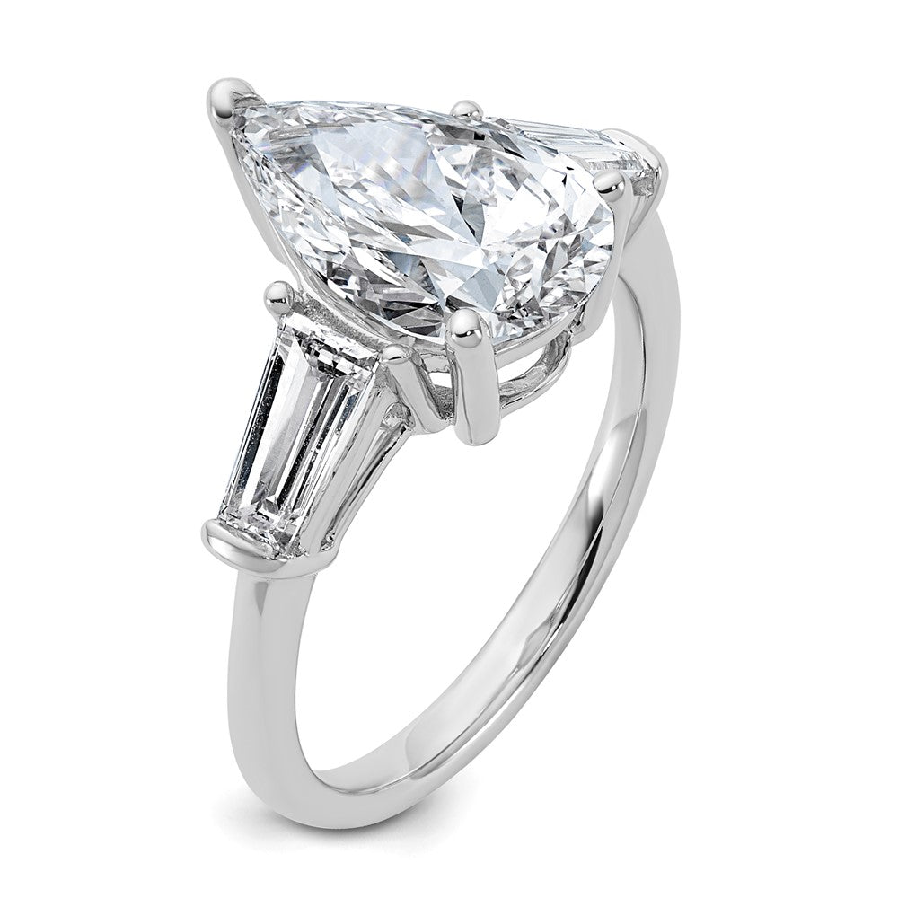 14K White Gold 3 3/4 carat Certified Lab Grown Diamond VS+ F+ Pear and Tapered Baguette Complete Engagement Ring