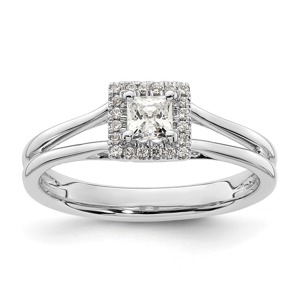 14kw Princess Halo Simulated Diamond Split Shank Engagement Ring