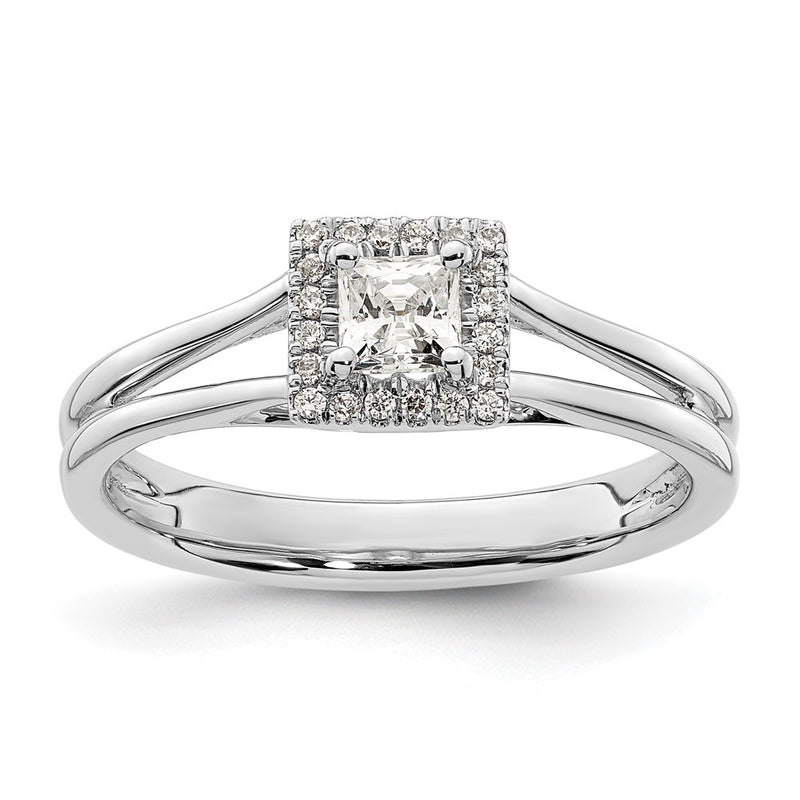 14kw Princess Halo Simulated Diamond Split Shank Engagement Ring