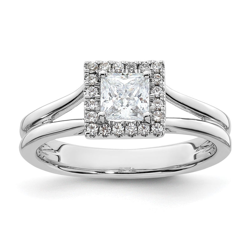 14kw Princess Halo Simulated Diamond Split Shank Engagement Ring