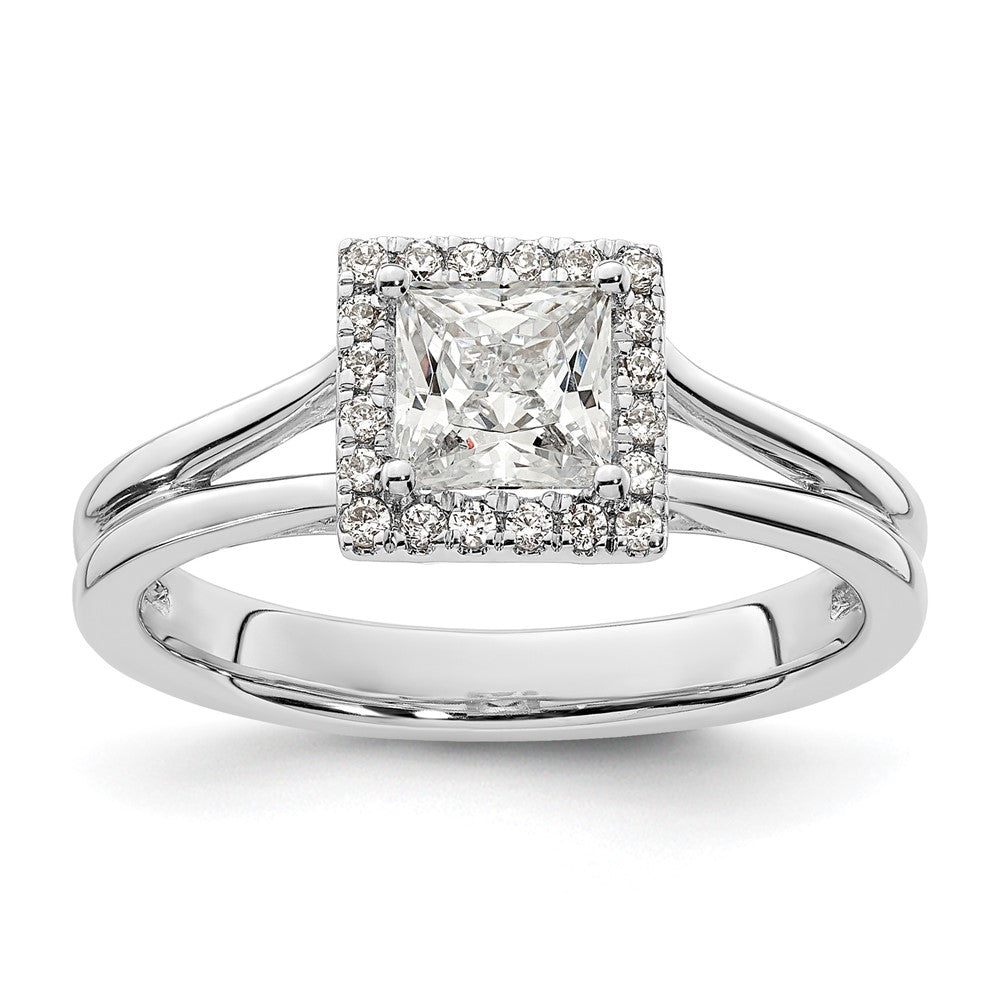 14kw Princess Halo Simulated Diamond Split Shank Engagement Ring
