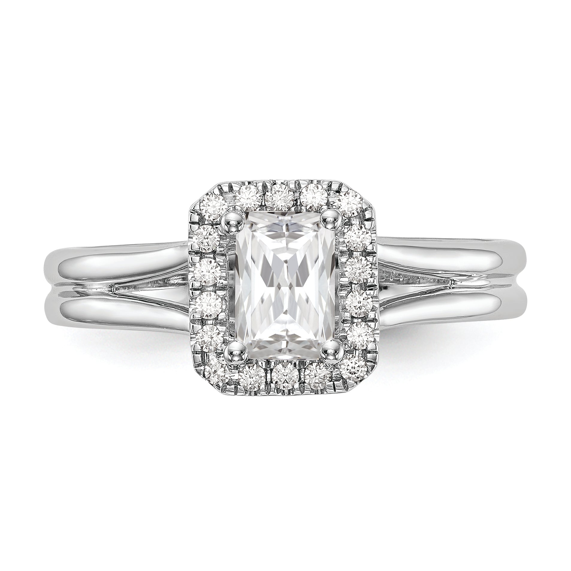 14K White Gold Halo (Holds 1/4 Carat (4.5X3mm) Emerald Cut Center) 1/20 Diamond Semi Mount Split Shank Engagement Ring