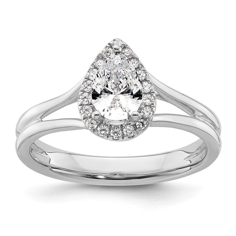 14kw Pear Halo Simulated Diamond Split Shank Engagement Ring