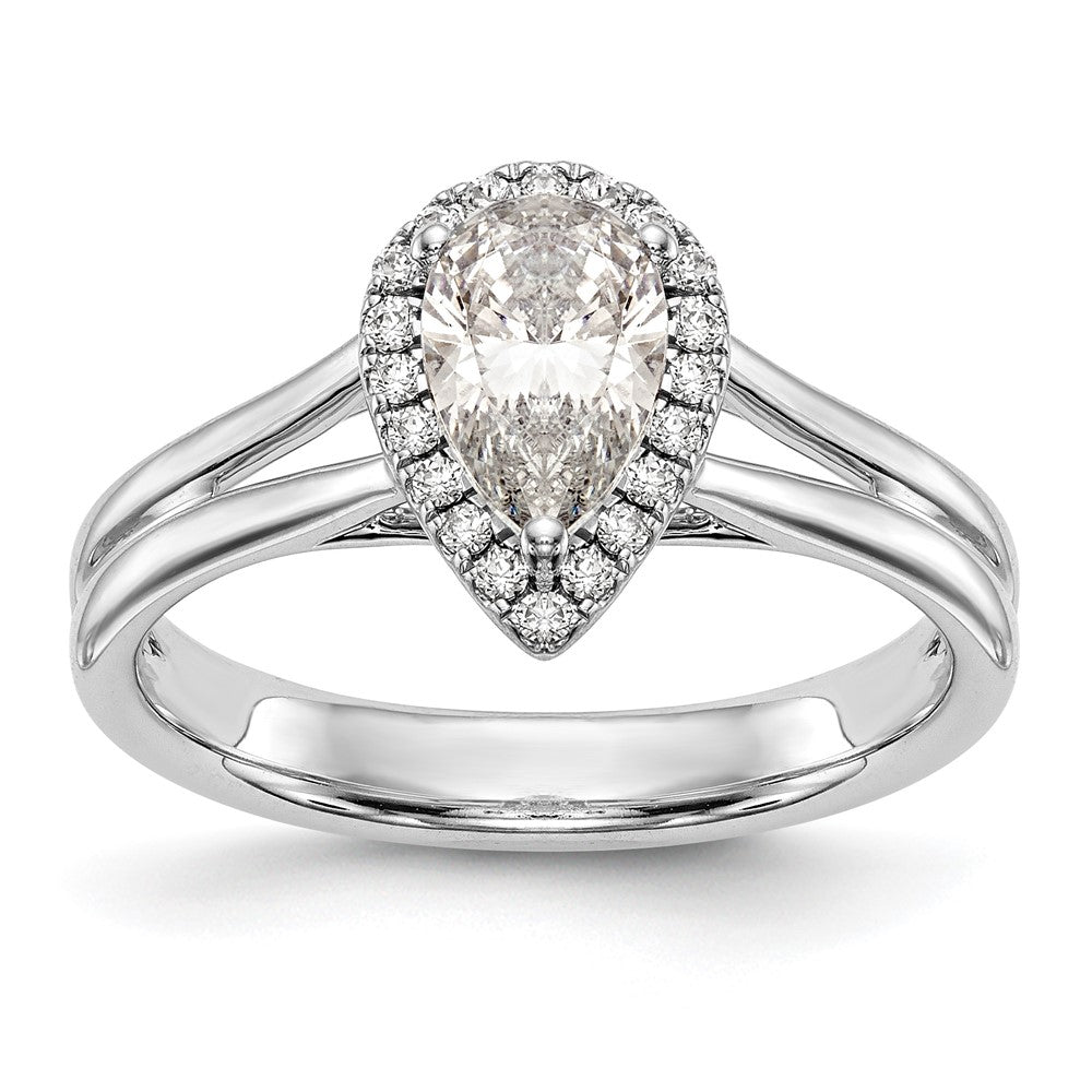 14kw Pear Halo Simulated Diamond Split Shank Engagement Ring