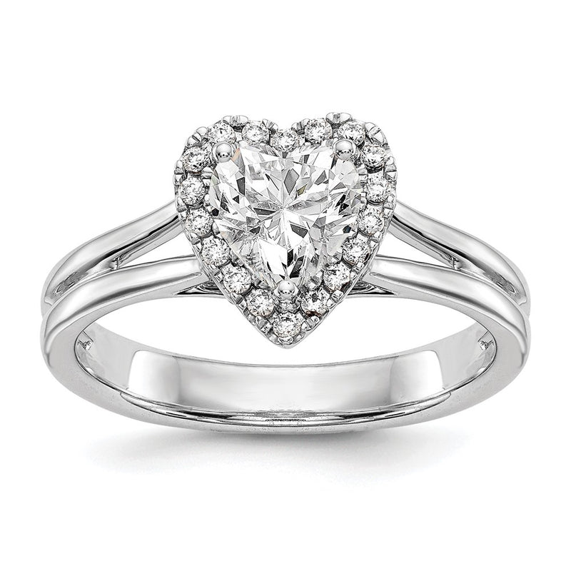 14kw Heart Halo Simulated Diamond Split Shank Engagement Ring