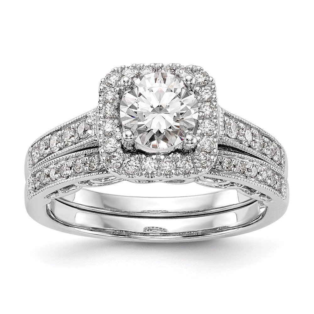 14K White Gold Round Simulated Diamond Cushion Halo Engagement Ring