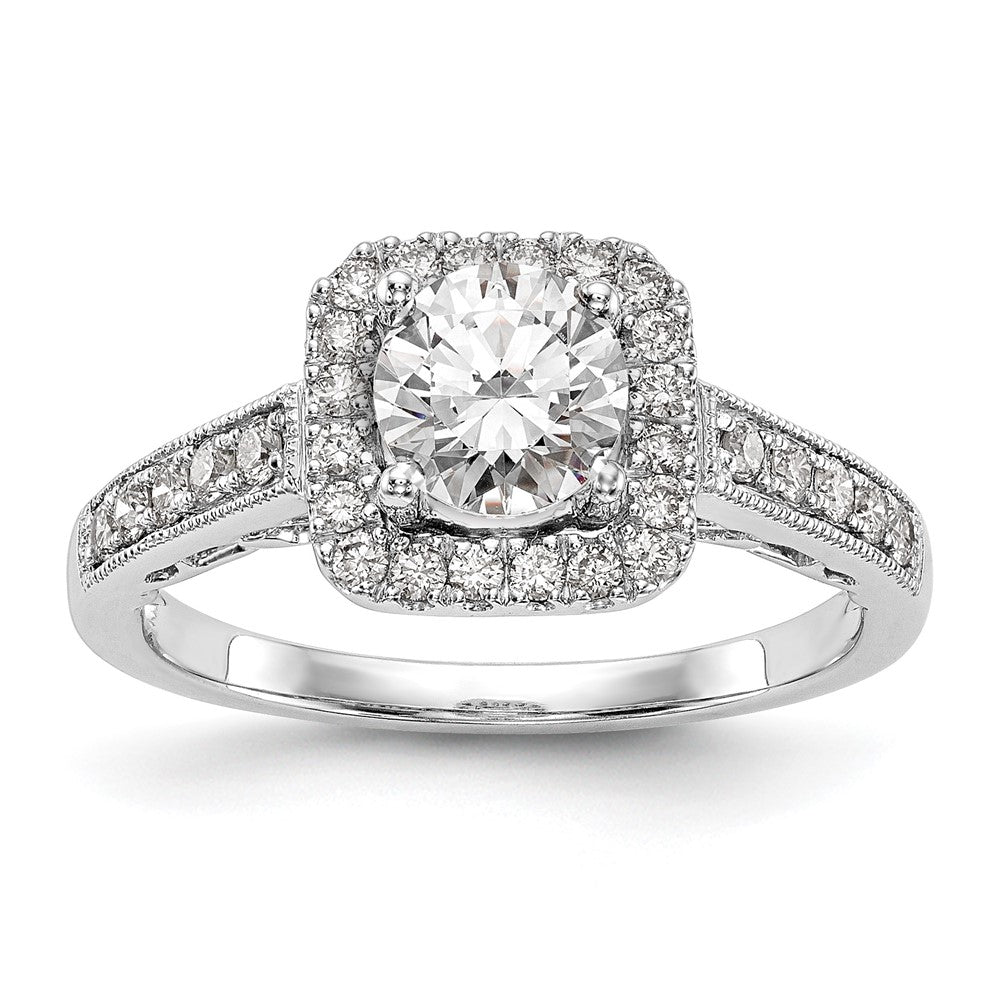 14K White Gold Round Simulated Diamond Cushion Halo Engagement Ring