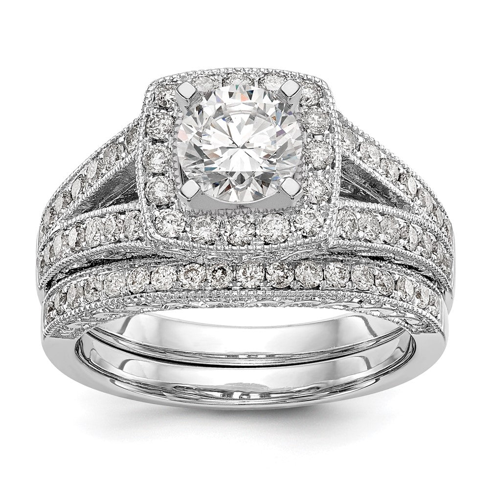 14K White Gold Peg Set Simulated Diamond Cushion Halo Engagement Ring